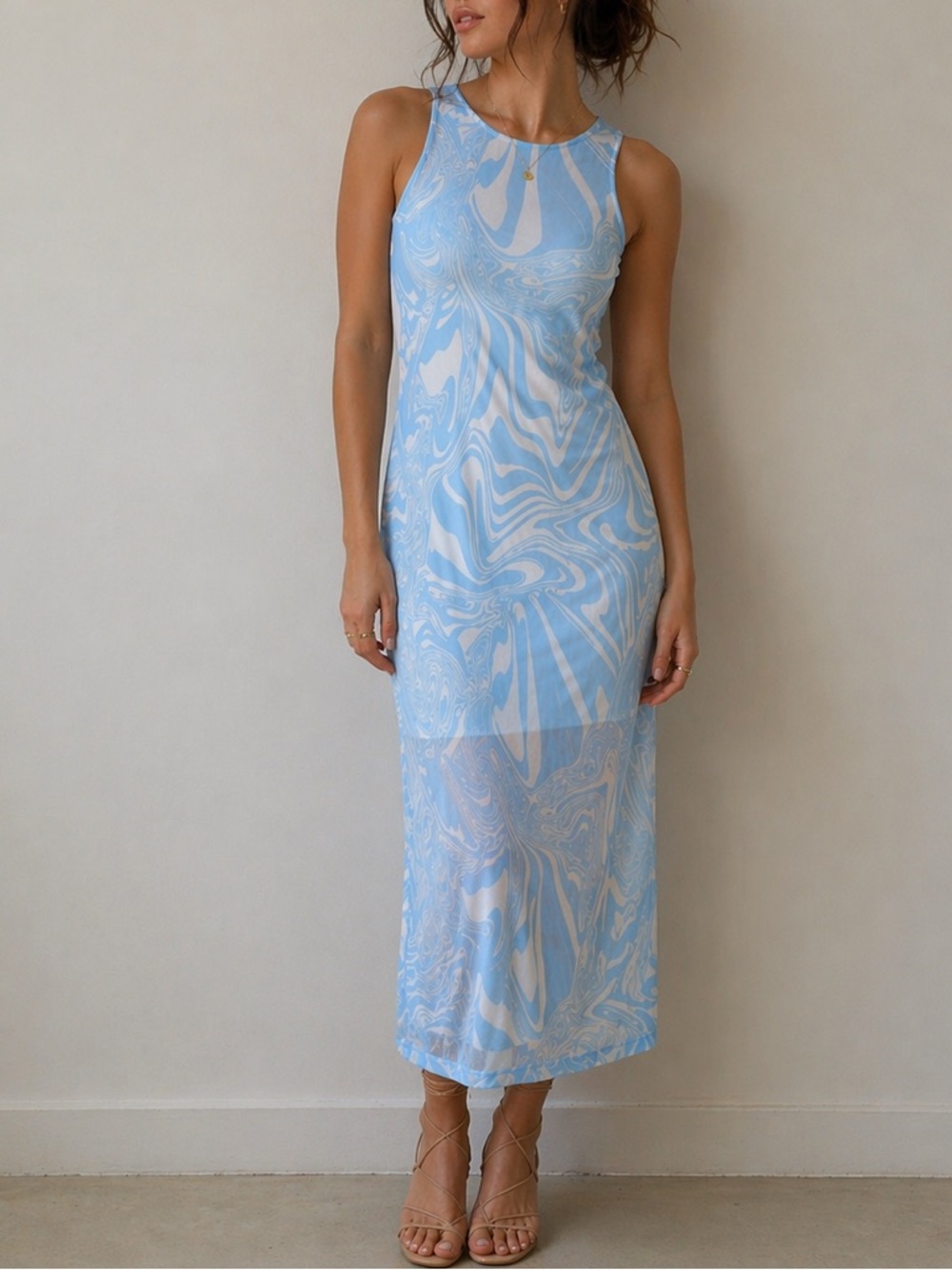 Ena Pelly Ellee Sleeveless Mesh Midi Dress‎ in Sky Marble Size 12